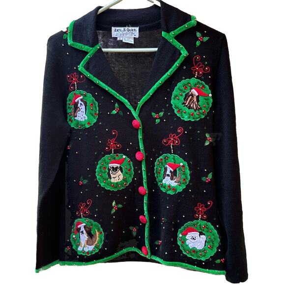 Vintage Jack B Quick Christmas Dog Cardigan Sweater Small Ramie Embroidered Bead - Picture 1 of 8